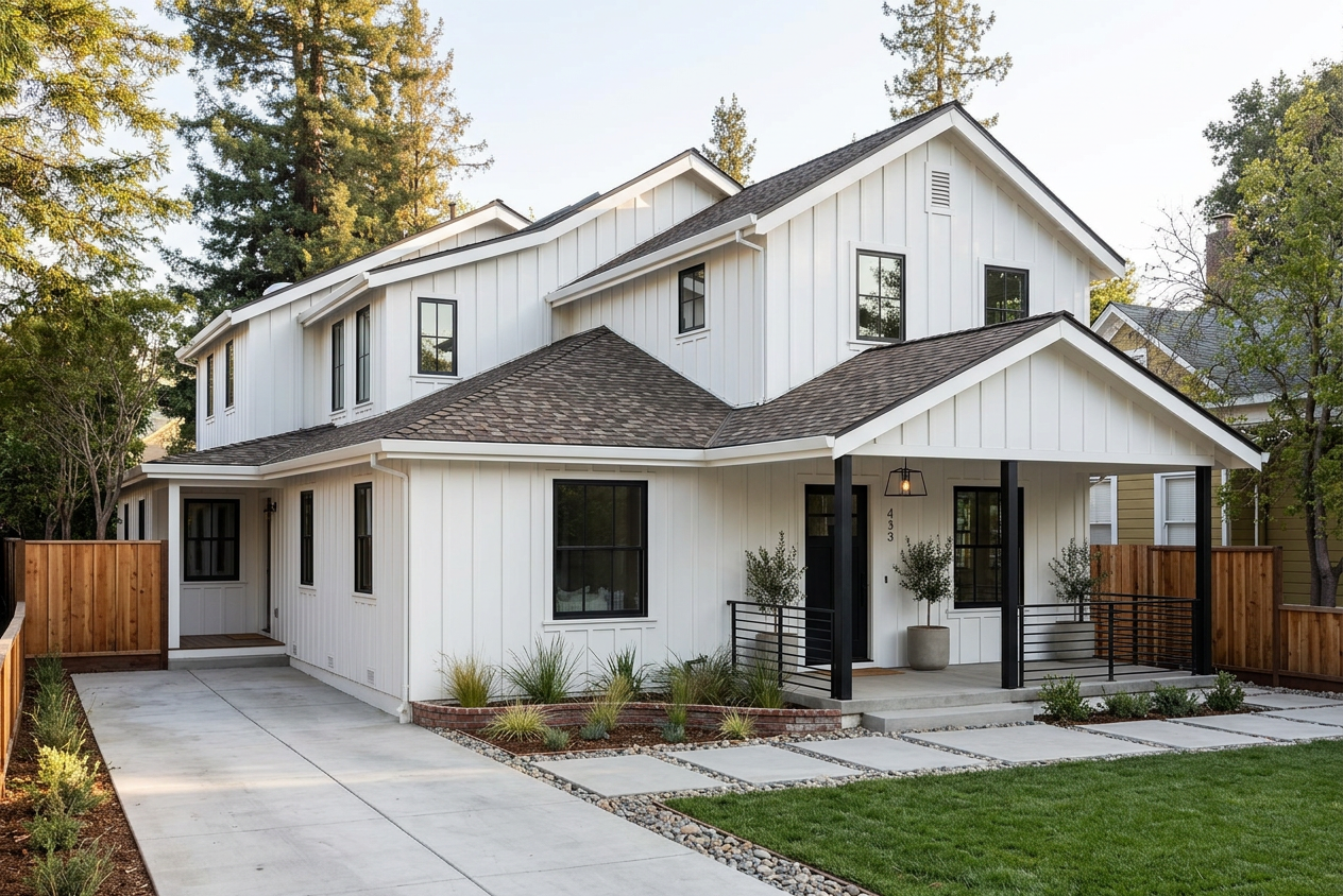 Modern Farmhouse home with Weathered Wood roof -- CertainTeed Landmark Pro Max Def Resawn Shake (front)