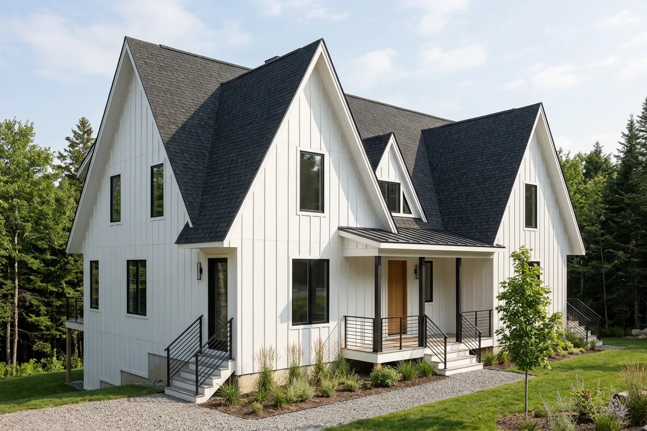 Modern Farmhouse home with Weathered Wood roof -- IKO Dynasty Driftshake (left-34)