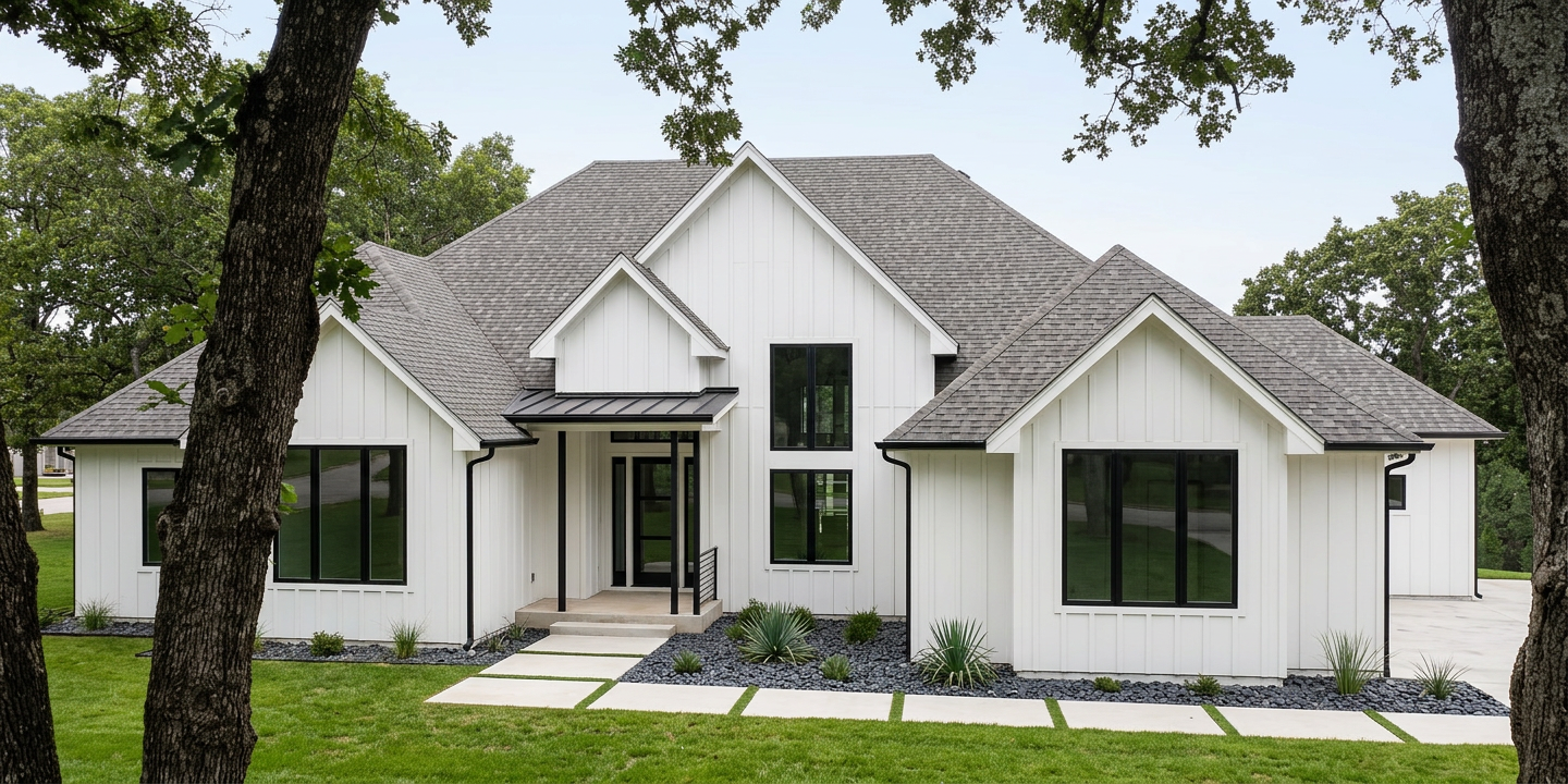 Modern Farmhouse home with Weathered Wood roof -- TAMKO Heritage Antique Slate (left-34)
