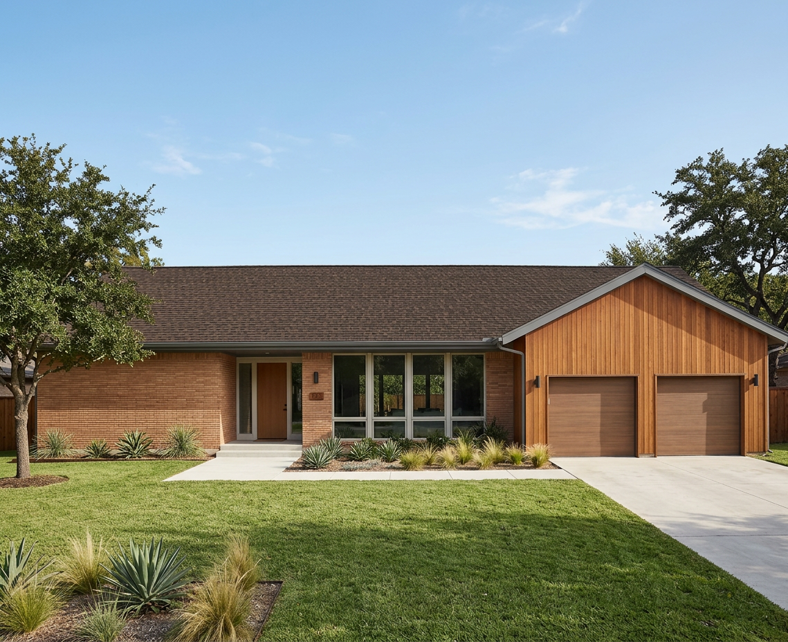 Ranch home with brown roof