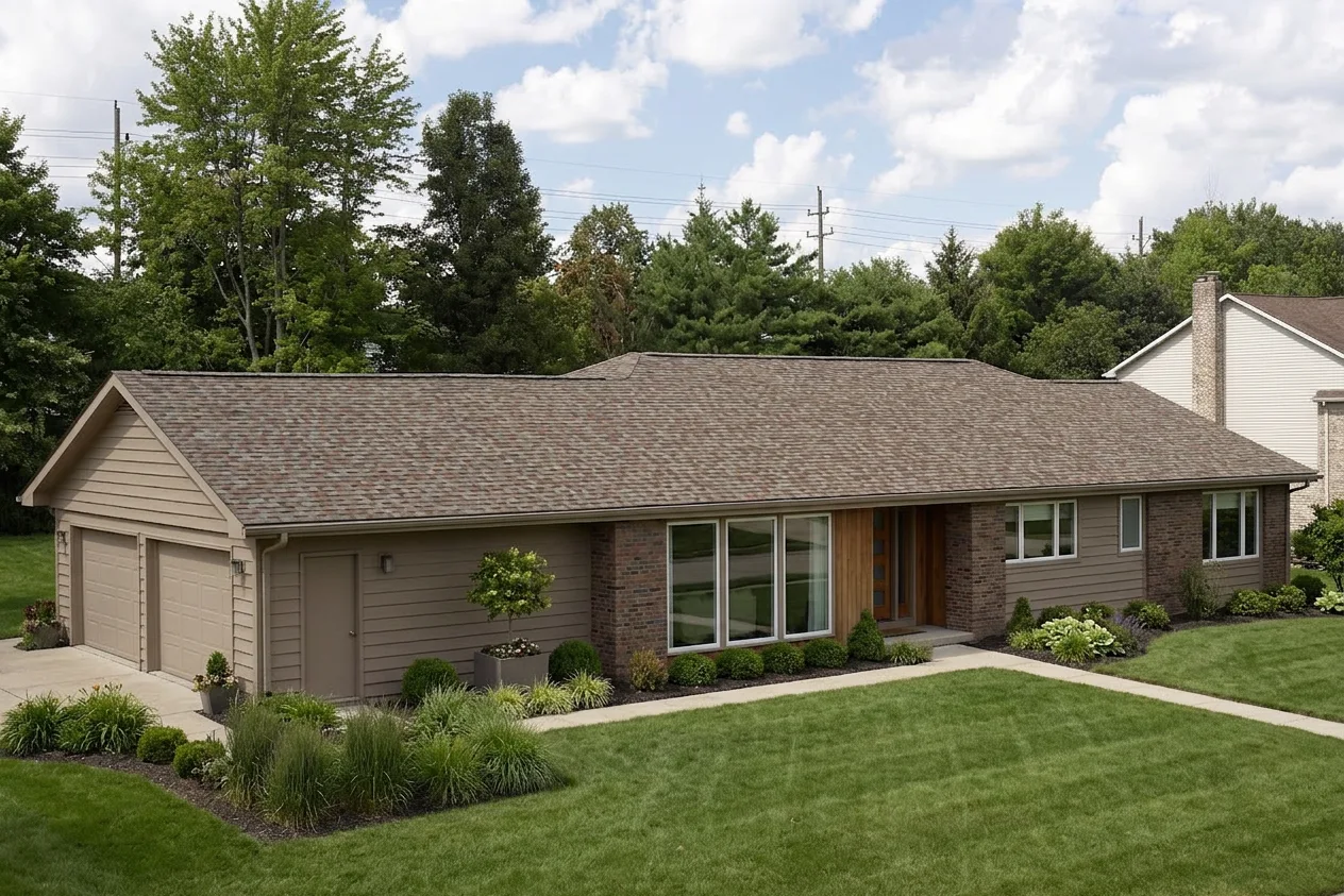 Ranch home with Brown roof -- CertainTeed Landmark Painted Desert (left-34)