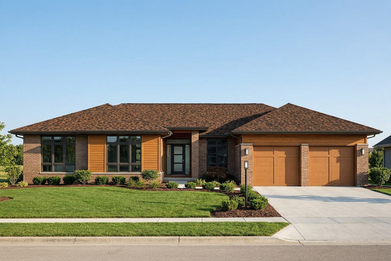 Ranch home with Brown roof -- CertainTeed Presidential Shake Aged Bark (front)