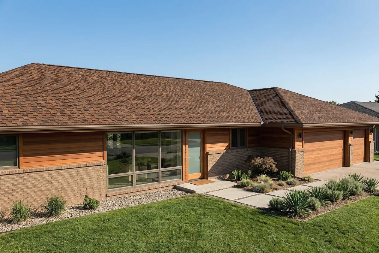 Ranch home with Brown roof -- CertainTeed Presidential Shake Aged Bark (right-34)