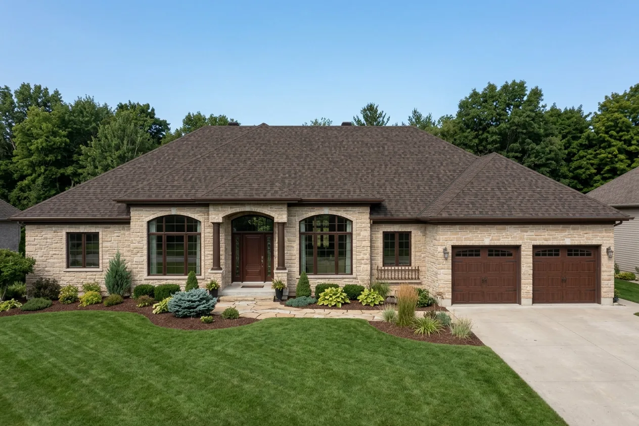 Ranch home with Brown roof -- IKO Dynasty Shadow Brown (front)