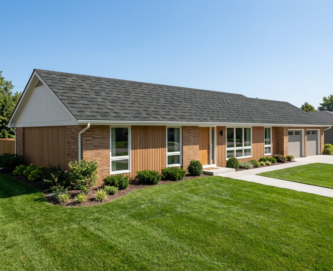 Ranch home with Charcoal roof -- Atlas Pinnacle Pristine HEARTHSTONE (left-34)
