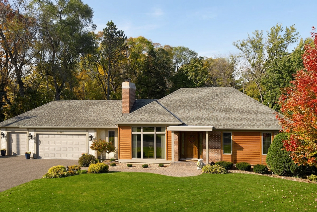 Ranch home with Weathered Wood roof -- CertainTeed Northgate Climateflex Max Def Weathered Wood (front)