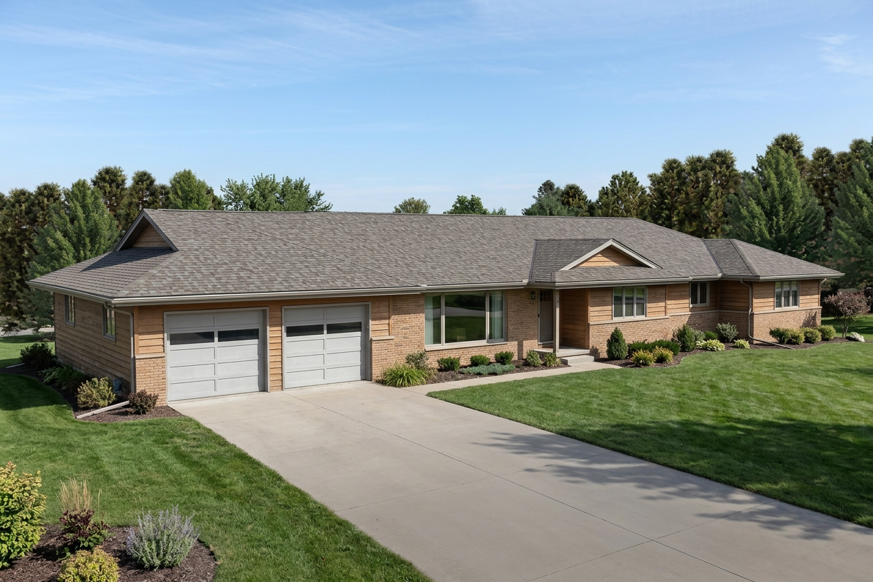 Ranch home with Weathered Wood roof -- Malarkey Vista Natural Wood (right-34)