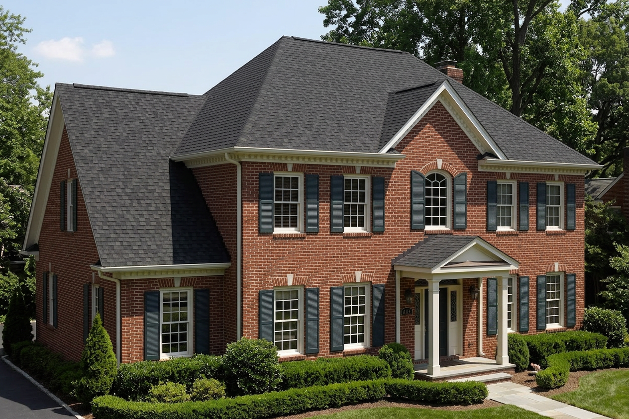 Traditional home with Black roof -- CertainTeed Landmark Charcoal Black (left-34)