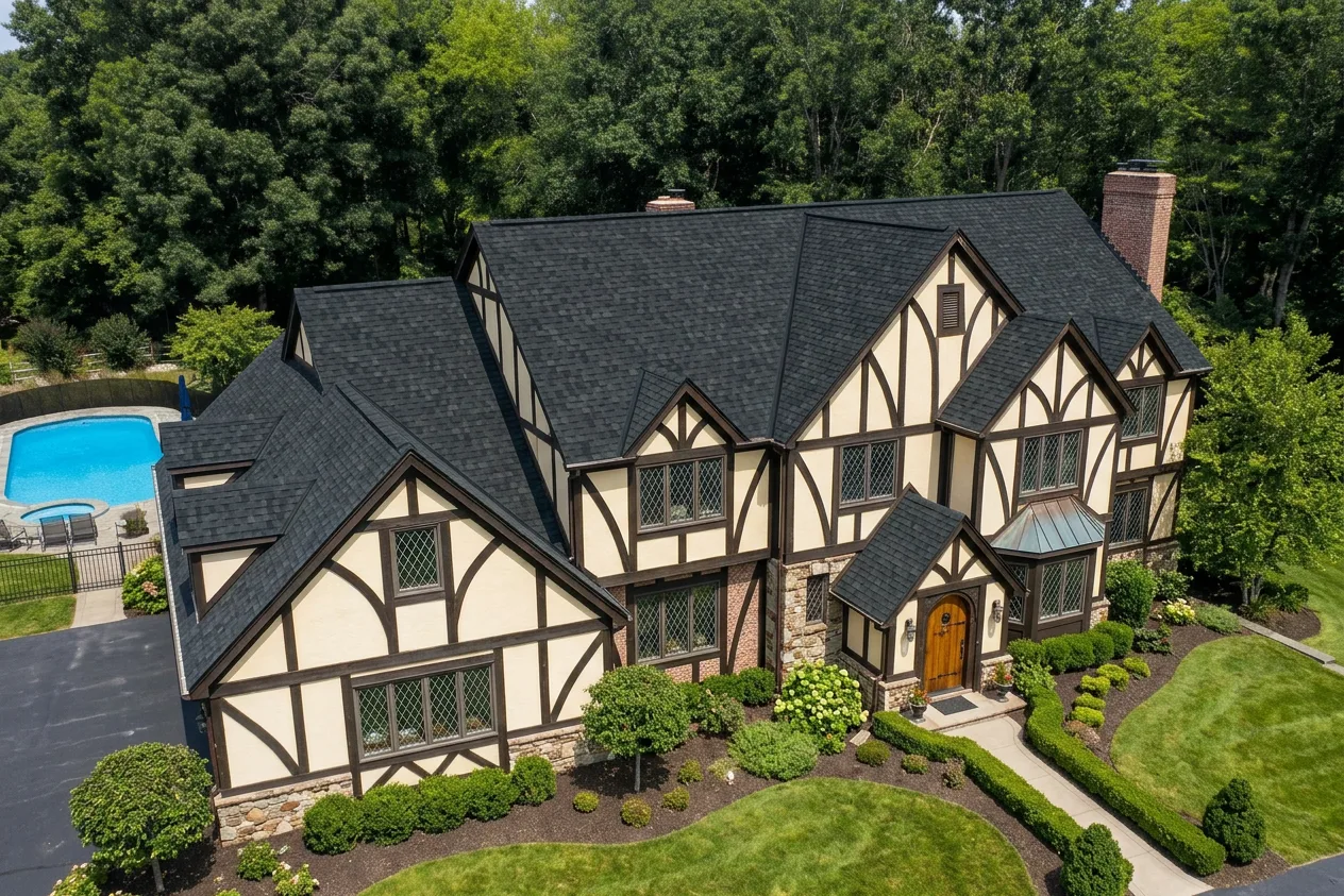Tudor home with Black roof -- IKO Dynasty Granite Black (right-34)