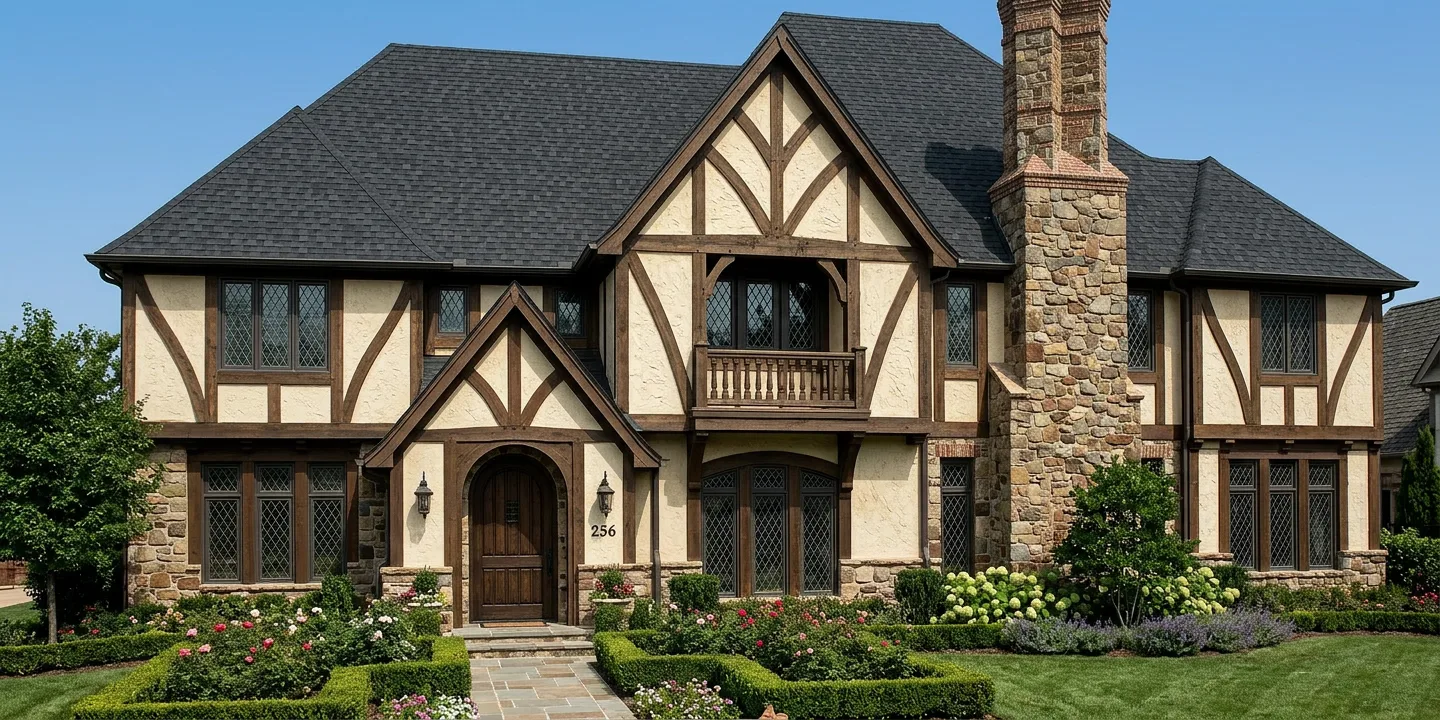 Tudor home with Black roof -- TAMKO Heritage Rustic Black (right-34)