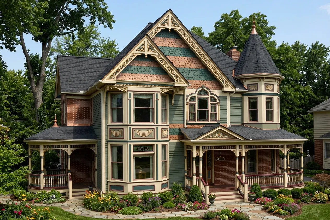Victorian home with Black roof -- CertainTeed Landmark Charcoal Black (left-34)