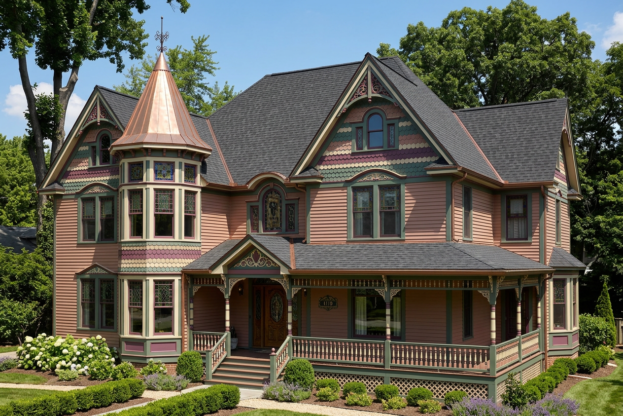 Victorian home with Black roof -- CertainTeed Landmark Charcoal Black (right-34)
