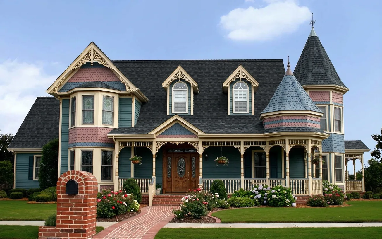 Victorian home with Black roof -- Owens Corning Duration Onyx Black (right-34)