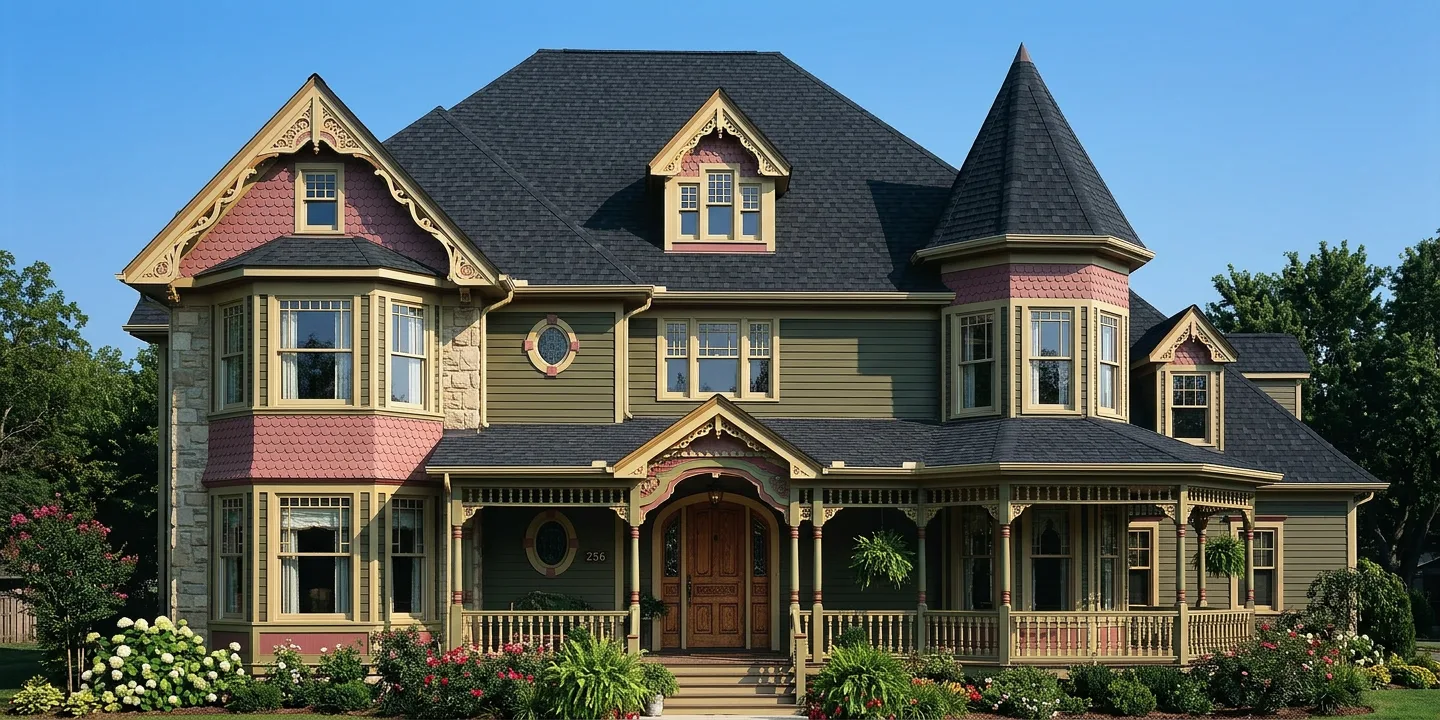 Victorian home with Black roof -- TAMKO Heritage Rustic Black (front)