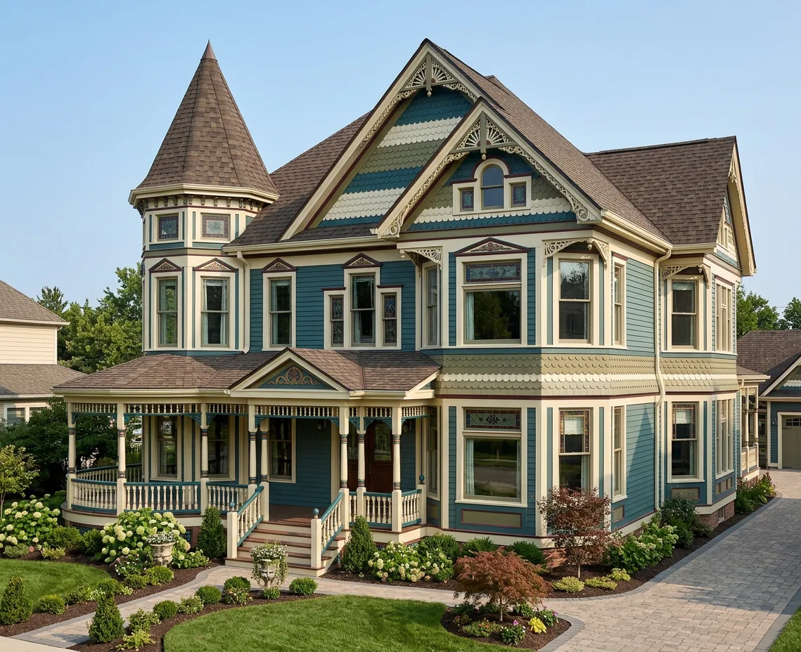 Victorian home with Brown roof -- Atlas Pinnacle Pristine WEATHERED SHADOW (right-34)
