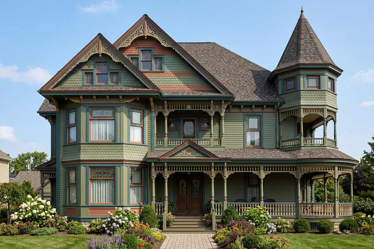 Victorian home with weathered wood roof