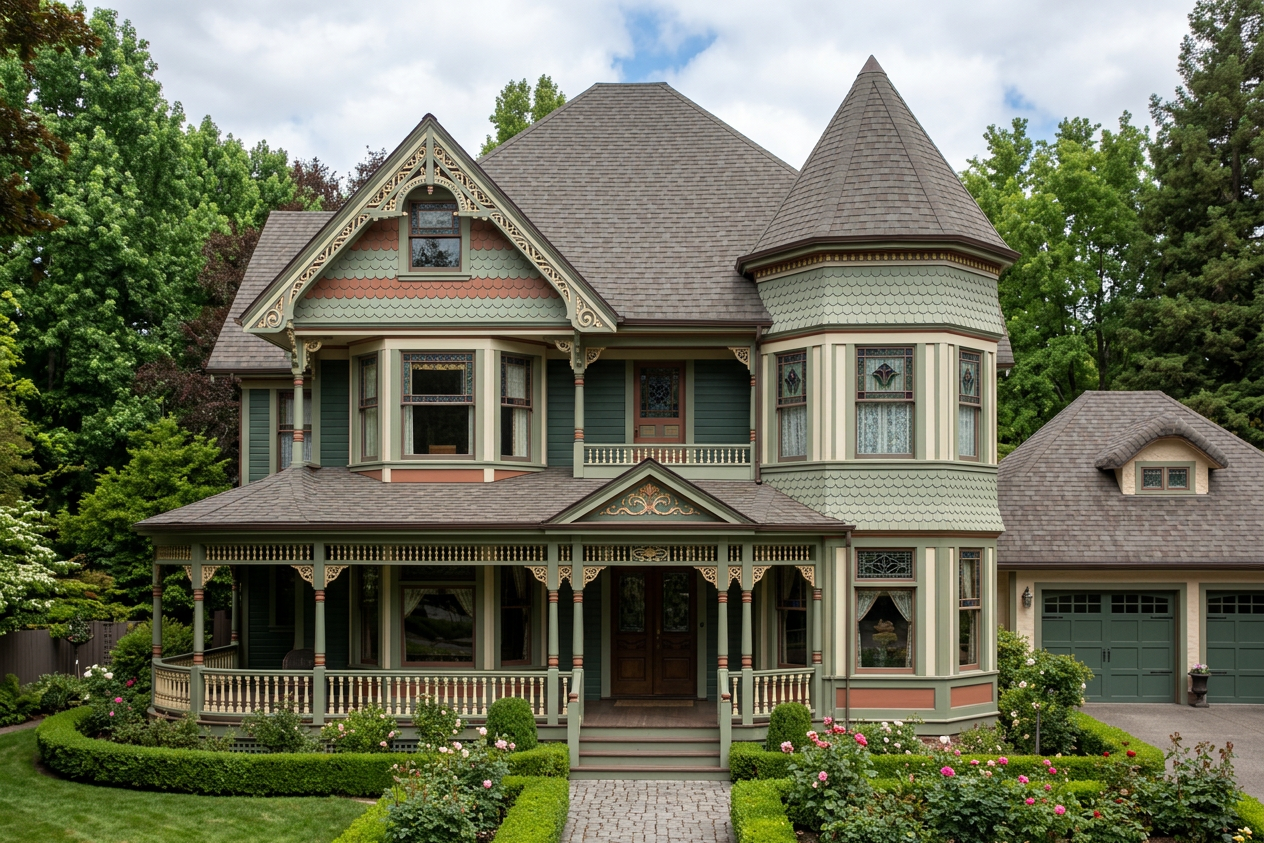 Victorian home with Weathered Wood roof -- Malarkey Legacy Natural Wood (front)